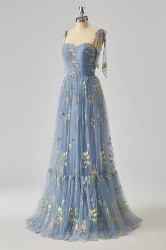 Vista 3 de Toreque Vestido de fiesta de tul con bordado de flores para mujer, tirantes delgados, corsé, largo, formal, vestidos de fiesta de noche