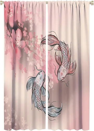 Vista 16 de Koi Fish - Cortinas opacas para cocina, estilo japonés, románticas, con estampado de flores de cerezo, con bolsillo para cortinero, cortinas opacas