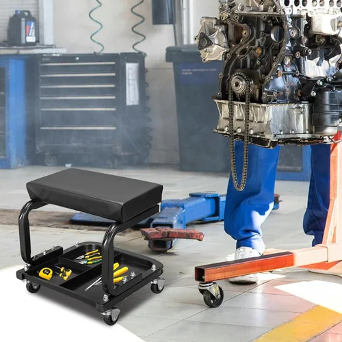 Vista 6 de Torin ATR6300B Rolling Creeper Asiento de Garaje/Taller: Taburete de Mecánico Acolchado con Almacenamiento de Bandeja para Herramientas, Negro Grande