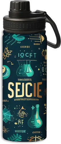 Vista 11 de Conjunto de botella de agua de acero inoxidable de 18 onzas con patrón de símbolos científicos, botella de agua deportiva aislada al vacío, doble