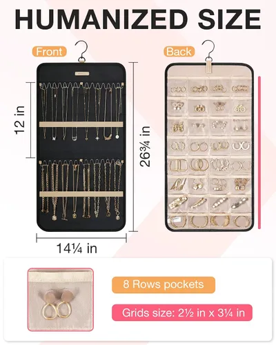 Vista 5 de BAGSMART Organizador de joyas colgante con rollo de almacenamiento y ganchos metálicos de doble cara para aretes, collares, anillos en armario, Negro