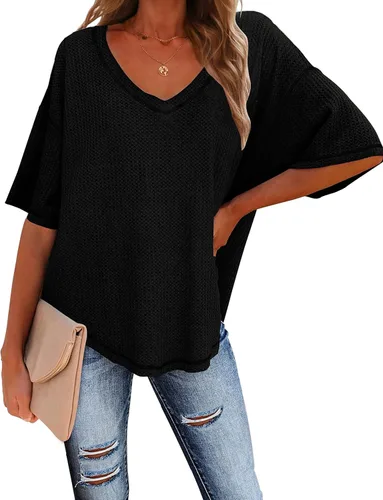 Vista 4 de MEROKEETY - Blusa de media manga con cuello en V, punto gofre y alas de murciélago para mujer, camiseta suelta de color sólido