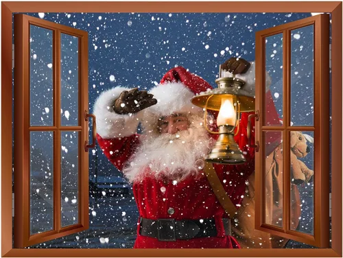 Vista 2 de wall26 Adhesivo de pared extraíble/mural de pared – Papá Noel llevando regalos fuera de la ventana en Nochebuena, vista creativa de ventana