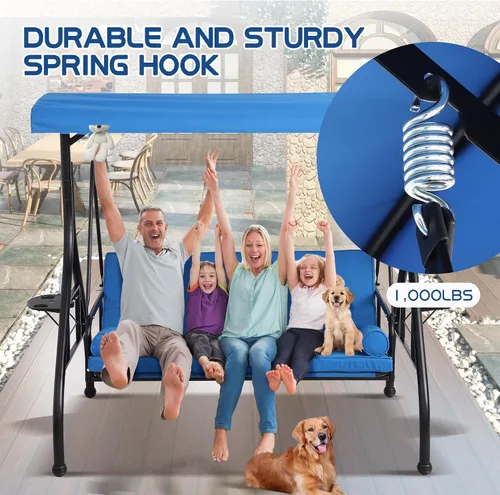 Vista 8 de Columpios de porche con toldo ajustable, cama de columpio para exteriores de 3 asientos, color azul Heavy Duty Porch Glider Bench with Stand