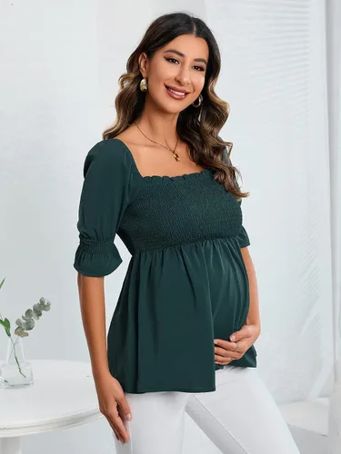 Vista 4 de WDIRARA Blusa de maternidad de manga corta con volantes y dobladillo fruncido para mujer