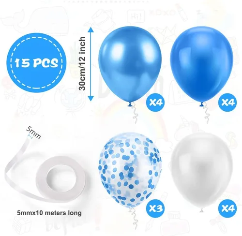 Vista 2 de Ainiv 15 globos de fiesta gruesos azules con cinta y confeti, globos metálicos de látex para baby showers, bodas, graduaciones y cumpleaños