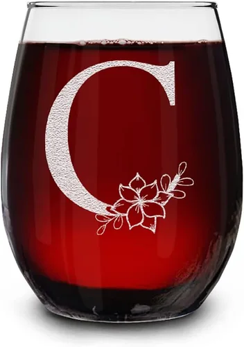 Vista 7 de Copa de vino sin tallo, con monograma floral, grabada con láser, 15 onzas, regalo inicial personalizado para ella (B)