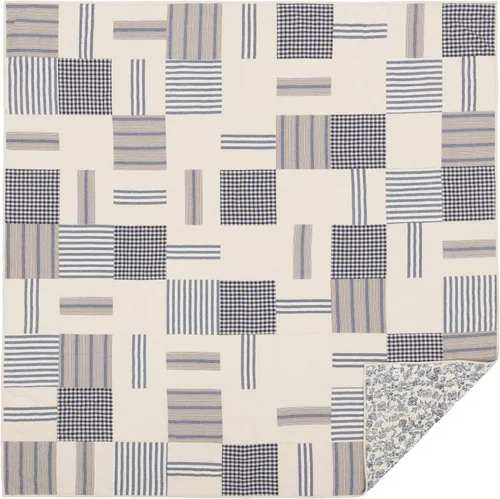 Vista 8 de Doylestown - Edredón de retazos y flores, 100% algodón, reversible, con cuadros de guingán, saco de grano y rayas azules para decoración