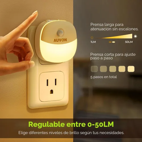 Vista 4 de AUVON Luz nocturna enchufable con sensor de movimiento y sensor de atardecer a amanecer, mini luz nocturna LED blanca cálida con brillo ajustable