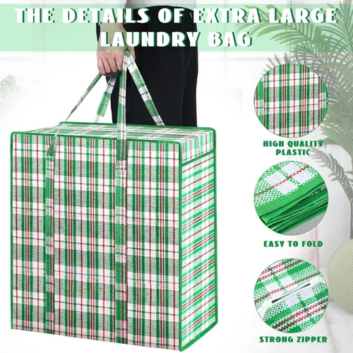 Vista 3 de Hoolerry 8 bolsas grandes de plástico para lavandería con cremallera de 82.5 L, bolsa de mudanza a cuadros resistente con asas para empacar ropa