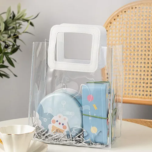Vista 6 de Zwish 6 bolsas de regalo transparentes con asa de 8.5 x 8.1 x 4.1 pulgadas, bolsas de regalo transparentes a granel para recuerdos de fiesta, boda