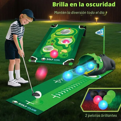 Vista 3 de TERRAMUS Juego de golf 3 en 1 para niños con devuelvedor automático de dinosaurio, tablero de Cornhole de golf, bolas con luz LED, alfombra de putt