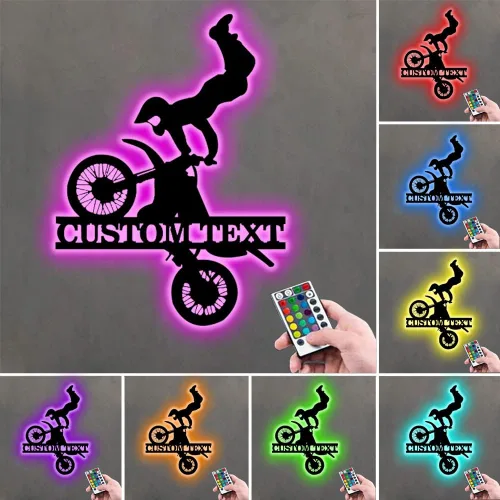 Vista 10 de Arte de pared de metal personalizado para motocross con luz LED, luz nocturna personalizada con nombre de motocross, decoración de lámpara de neón