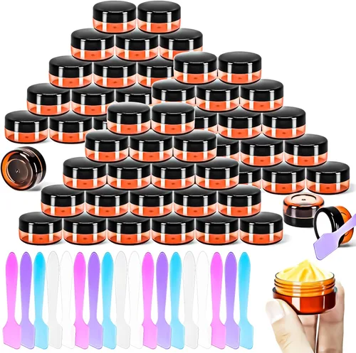 Vista 7 de Paquete de 50 de 10 g pequeños contenedores de cosméticos de plástico con tapas, frascos de maquillaje de 10 gramos de color ámbar con espátulas