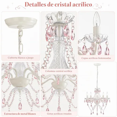 Vista 6 de Lámpara pequeña rosa y blanca para dormitorio de niñas, lámpara de techo moderna de cristal acrílico de 5 luces, mini candelabro para habitación