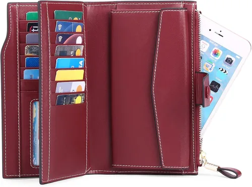 Vista 2 de SENDEFN Carteras de cuero para mujer, con bloqueo RFID, tarjetero con bolsillo con cremallera, rojo (3-red), Cartera de gran capacidad