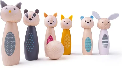Vista 2 de Bigjigs Toys Skittles de animales de madera, juego de bolos y bolos de 6 piezas, juegos para niños, juguete para interiores y exteriores, regalos