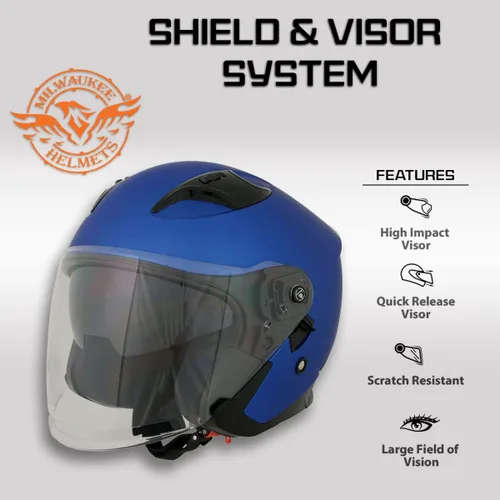 Vista 4 de Milwaukee Helmets MPH9823DOT 'Shift' - Casco azul de cara abierta 3/4 para hombres y mujeres con visera tintada desplegable