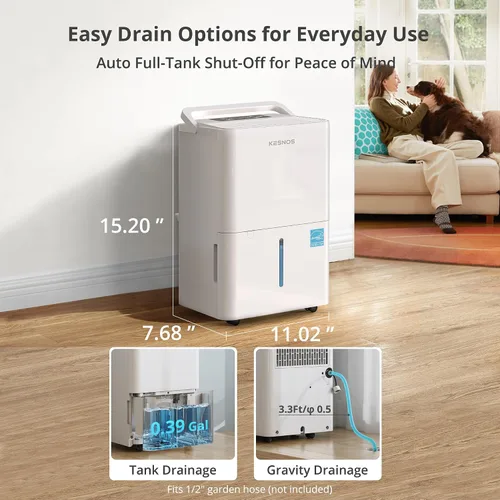 Vista 7 de Kesnos Deshumidificador Energy Star 2025 de 30 pintas para espacios de hasta 2500 pies cuadrados, deshumidificador silencioso para el hogar