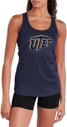 Vista 342 de Camiseta deportiva sin mangas oficial de NCAA Collegiate para mujer, con espalda cruzada, colección con logotipo primario