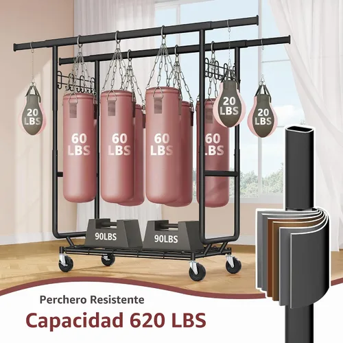 Vista 4 de Hoctieon Perchero de doble varilla de montaje en 2 minutos, estante resistente para ropa con ruedas, plegable para uso comercial, barra extensible