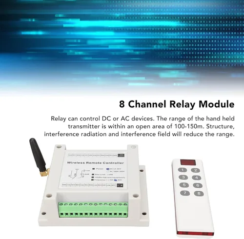 Vista 3 de Tablero de relé de canal, relé de 8 canales, 8CH 10A DC 12V-36V Control de lámpara Módulo de relé de interruptor de radio con control remoto