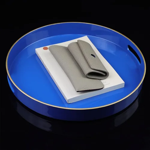 Vista 5 de Bandeja decorativa redonda azul con asas, bandeja de servir elegante de 13" para mesa de café, estilo otomano para sala de estar, baño, exteriores