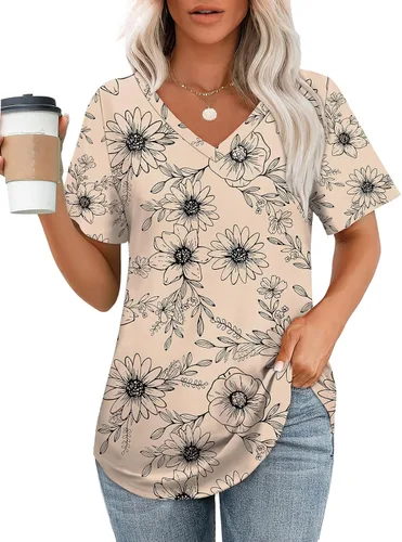 Vista 23 de OFEEFAN Camisetas básicas de manga corta con cuello en V para mujer, ajuste holgado, con dobladillo curvado B-verde