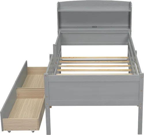 Vista 6 de Twin Size Bed Frame with Multi-Shelf Storage Headboard,USB Ports and LED Light,Space Saving Solid Wood Platform Bed with 2 Drawers and Full-Length