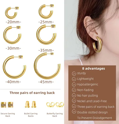 Vista 2 de iLovey 14K Gold Hoop Earrings for Women, Lightweight Open Chunky Silver Gold Hoops, 20MM30MM35MM40MM Small Medium Large Thick Chunky Hoops