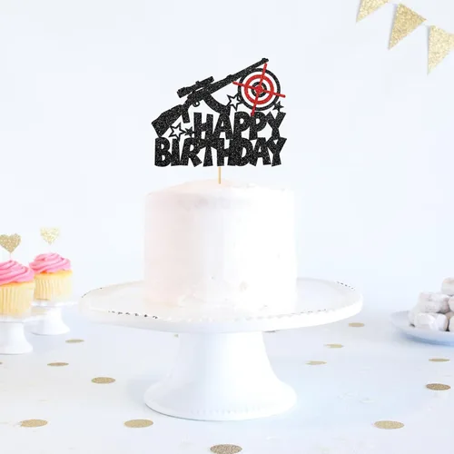 Vista 6 de Decoración para tartas de cumpleaños con temática de disparos de pistola, decoración de pastel de cumpleaños para hombre