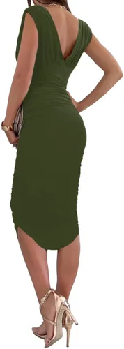 Vista 2 de LYANER Vestido midi de cóctel sin mangas con cuello en V profundo y fruncido para mujer