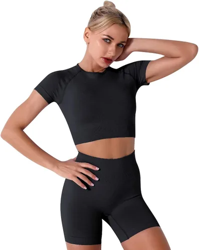 Vista 2 de Conjuntos de 2 piezas sin costuras para yoga y entrenamiento - con ombliguera de manga corta y pantalones cortos de tiro alto para correr