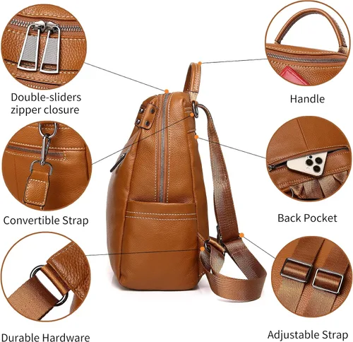 Vista 4 de Bolso mochila de cuero genuino para mujer 8179, naranja marrón, Classic