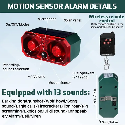Vista 2 de Qualirey - 2 unidades de alarma solar con sensor de movimiento para exteriores con estaca disuasorio de animales, sensor de ladridos de perro, 13