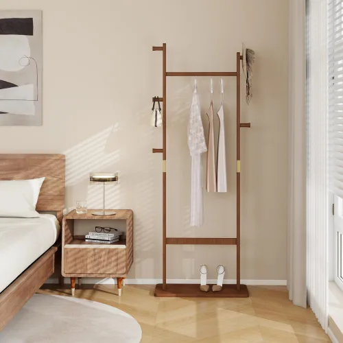 Vista 2 de Perchero independiente de madera de goma maciza con soporte para paraguas, colgador de madera compacto de 23.6 x 11 x 64.1 pulgadas, fácil