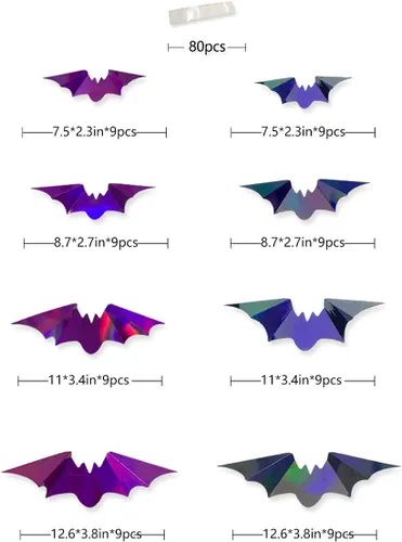 Vista 2 de 72 piezas de murciélagos para decoración de Halloween, murciélagos iridiscentes 3D, decoración de pared, papel holográfico negro y morado