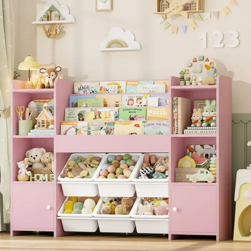 Vista 12 de FINETONES Organizador de almacenamiento de juguetes con 6 cubos de juguetes, organizador de juguetes para niños con 6 cubículos, organizadores