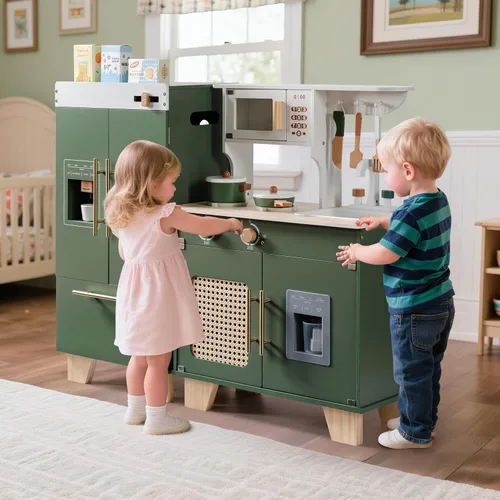 Vista 4 de ROBOTIME Juego de cocina con nevera de juguete, horno de juguete, juego de cocina de madera para niños, juego de cocina de juguete para niños de 3 4