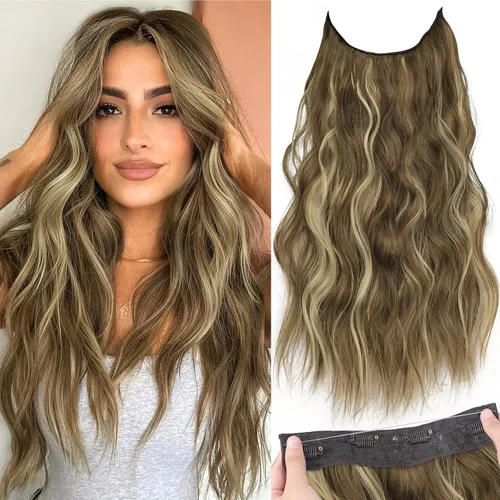 Vista 101 de KooKaStyle - Extensiones de cabello con hilo invisible, diadema transparente, ajustables, 4 clips fijadores, cabello largo y ondulado de 12