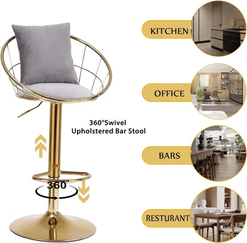 Vista 14 de Taburetes de bar giratorios de terciopelo con respaldo bajo y reposapiés, taburetes de bar ajustables con almohada, taburete de bar dorado de lujo