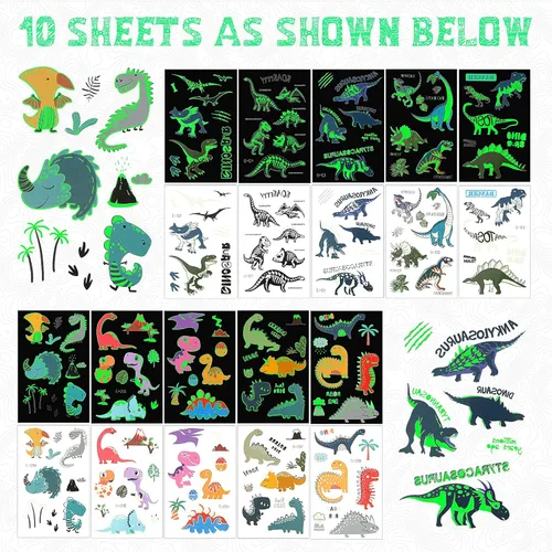 Vista 2 de Zonon 90 piezas de tatuajes temporales de dinosaurio luminoso, tatuajes temporales, calcomanías brillantes de dibujos animados, tatuajes de selva