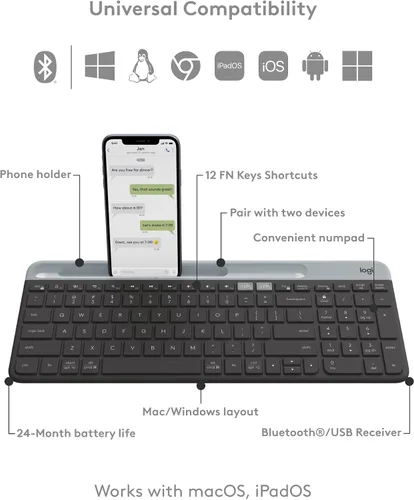 Vista 6 de Logitech K585 Teclado inalámbrico delgado multidispositivo, base integrada para dispositivo; para laptop, tableta, escritorio, teléfono inteligente