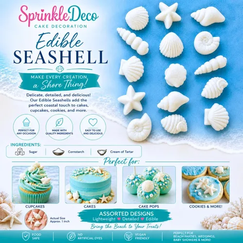 Vista 4 de Paquete de 24 decoraciones comestibles de conchas marinas blancas y estrellas de mar para decoración de pasteles, cupcakes, pasteles, pasteles
