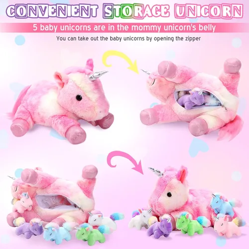 Vista 4 de Sumind Peluche de unicornio arcoíris para mamá con 5 lindos unicornios en su barriga para mamá, año de Navidad, regalos de cumpleaños