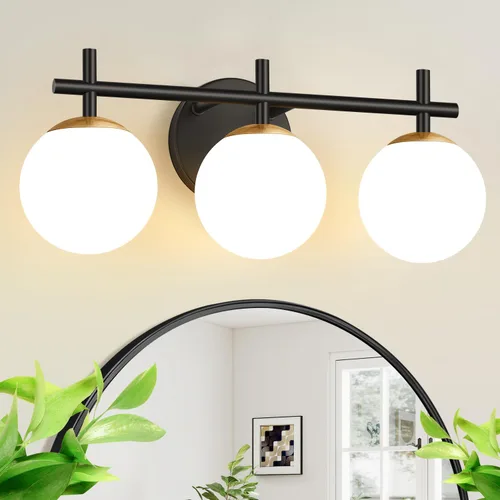 Vista 9 de Juego de dos apliques de pared dorados, paquete de 2 lámparas de baño de oro cepillado con vidrio de globo blanco lechoso, apliques modernos