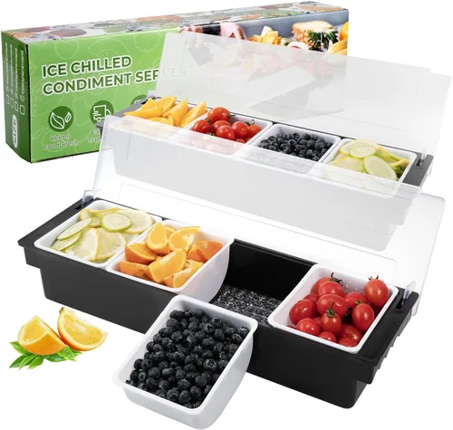 Vista 13 de Bandeja con tapa para frutas, verduras y condimentos con estación de guarnición para bartending y servicio de tacos (2, 3 compartimentos)