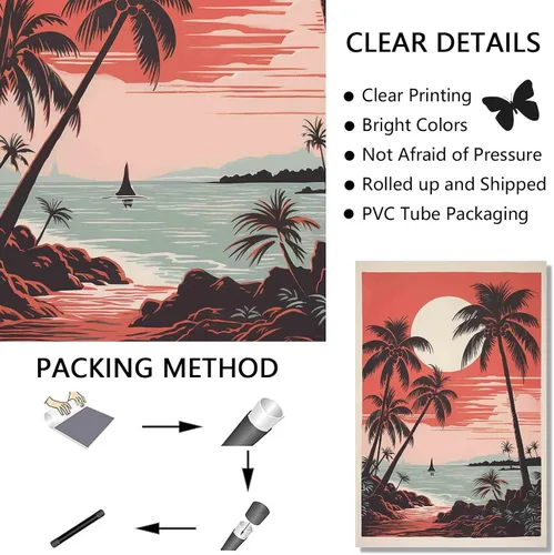Vista 3 de Arte de pared vintage de paisaje marino retro, póster de playa con imagen de palmera, lienzo de árbol tropical, arte de pared, arte de océano