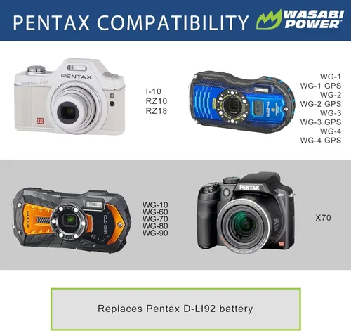 Vista 2 de Wasabi Power Batería (paquete de 2) y cargador USB-C para Ricoh Pentax D-LI92 y Ricoh Pentax Optio I-10, RZ10, RZ18, WG-1, WG-1 GPS, WG-2, WG-2