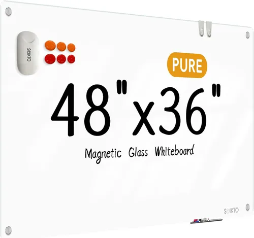 Vista 8 de Pizarra blanca de cristal – Pizarra de cristal de borrado en seco de 36 x 24 pulgadas, pizarra magnética blanca pura para escritura, pizarras